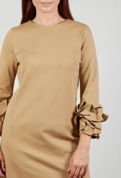 Short Shift Dress with Embellished Sleeves in Camel