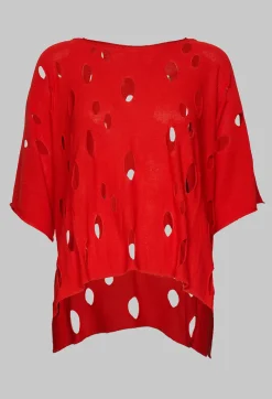 Short Sleeved Jumper with Hole Detail in Red