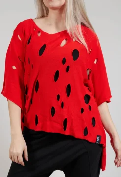 Short Sleeved Jumper with Hole Detail in Red