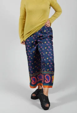 Silk Cropped Wide Leg Trousers in Blu/Rosa/Arancio