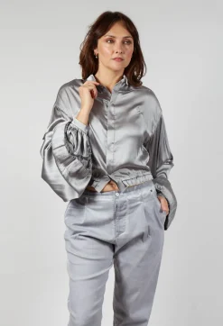 Silk Grey Short Shirt with Contrasting Back