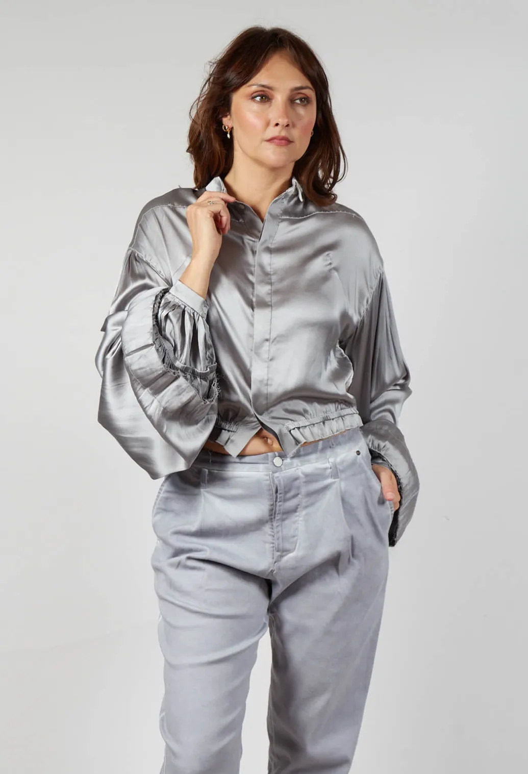 Silk Grey Short Shirt with Contrasting Back