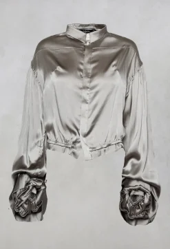 Silk Grey Short Shirt with Contrasting Back