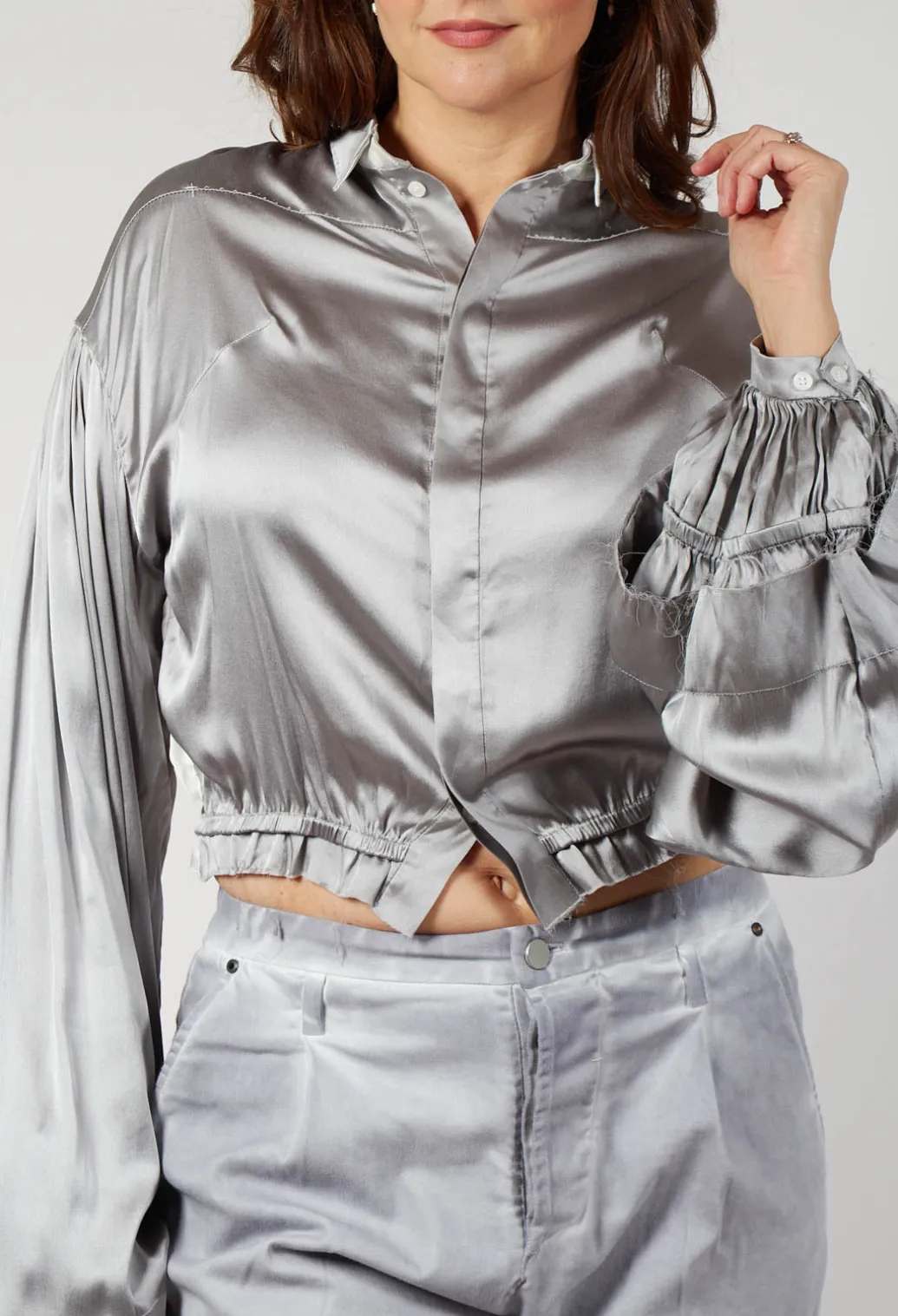 Silk Grey Short Shirt with Contrasting Back