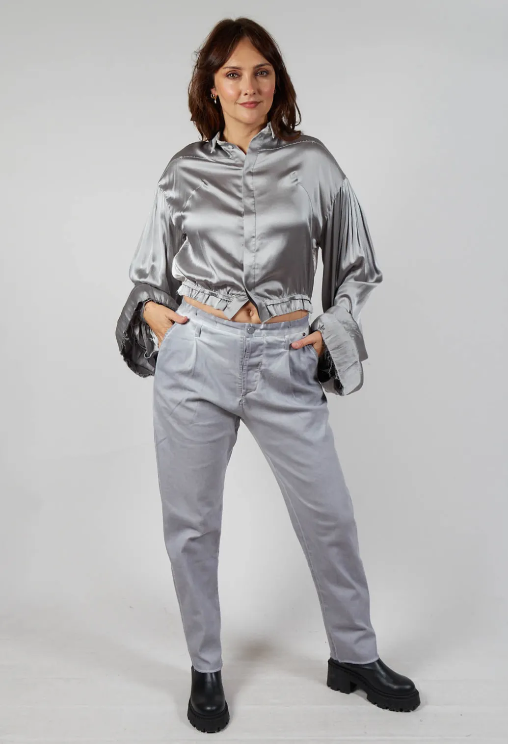 Silk Grey Short Shirt with Contrasting Back