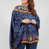 Silk Printed Drape Top in Blu/Rosa/Arancio