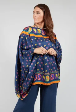 Silk Printed Drape Top in Blu/Rosa/Arancio