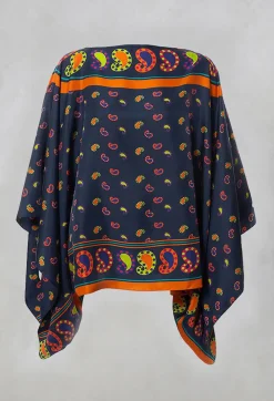 Silk Printed Drape Top in Blu/Rosa/Arancio