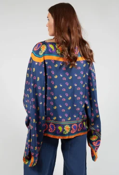 Silk Printed Drape Top in Blu/Rosa/Arancio