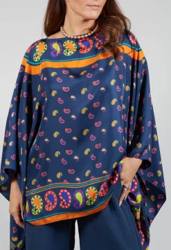 Silk Printed Drape Top in Blu/Rosa/Arancio