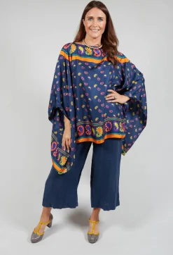 Silk Printed Drape Top in Blu/Rosa/Arancio