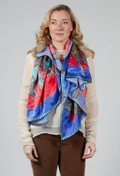 Silk Scarf in Butterflies Circles Red / Purple