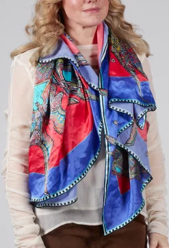 Silk Scarf in Butterflies Circles Red / Purple