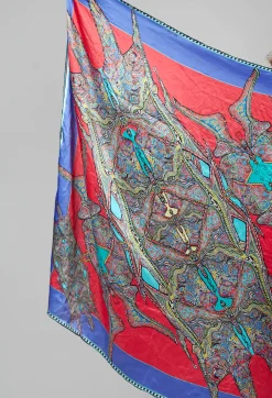 Silk Scarf in Butterflies Circles Red / Purple