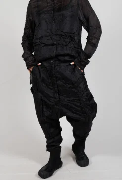 Silk Straight Leg Drop Crotch Trousers in Black