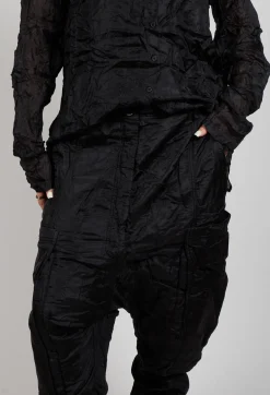 Silk Straight Leg Drop Crotch Trousers in Black