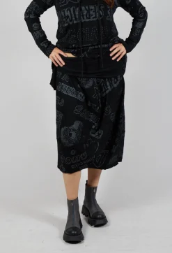 Skirt with Contrasting Waistband in Black Shiny Print