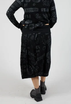 Skirt with Contrasting Waistband in Black Shiny Print