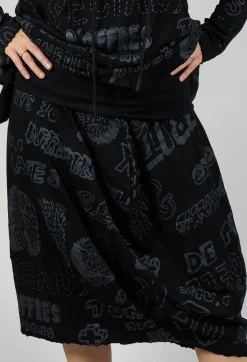 Skirt with Contrasting Waistband in Black Shiny Print