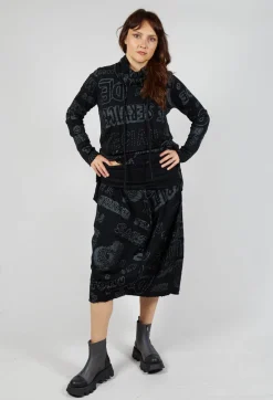 Skirt with Contrasting Waistband in Black Shiny Print