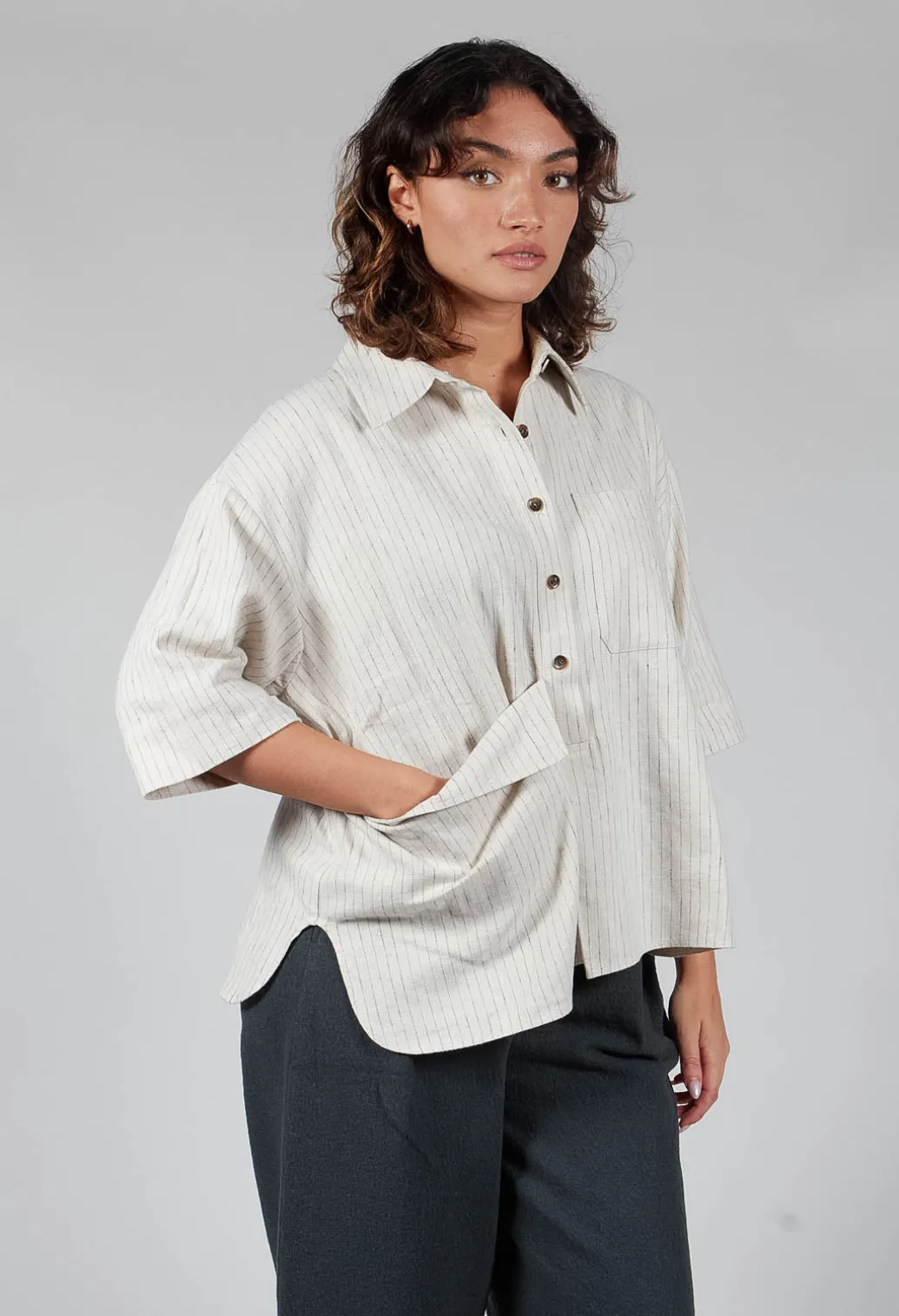 3/4 Sleeved Shirt with Statement Pocket in Ivory Stripe