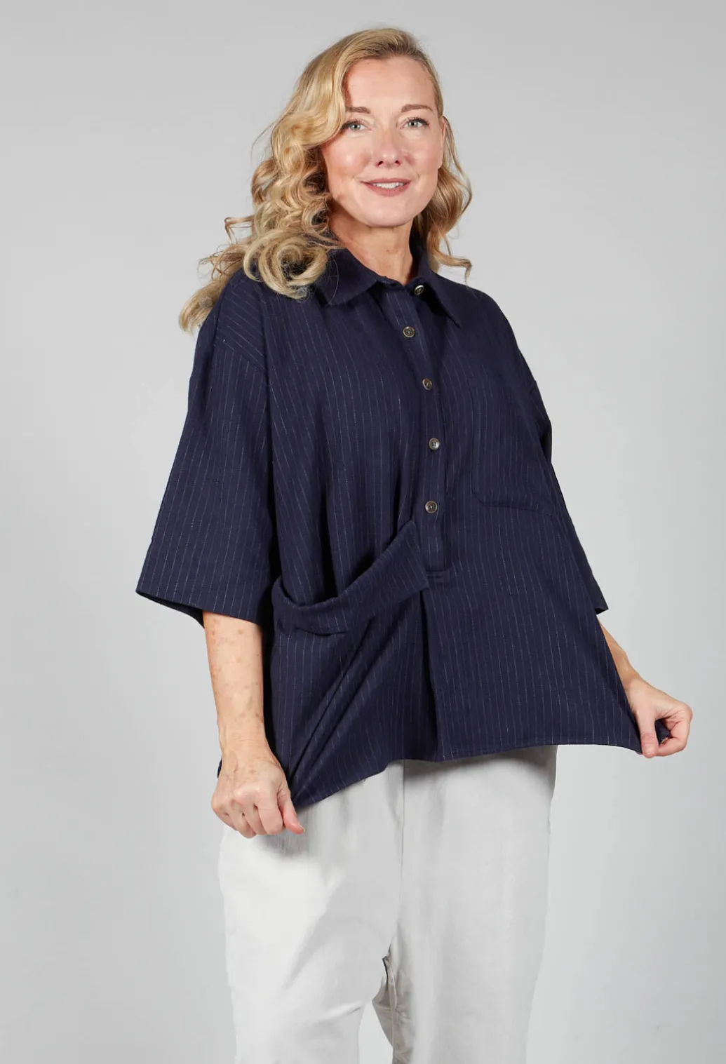 3/4 Sleeved Shirt with Statement Pocket in Navy Stripe