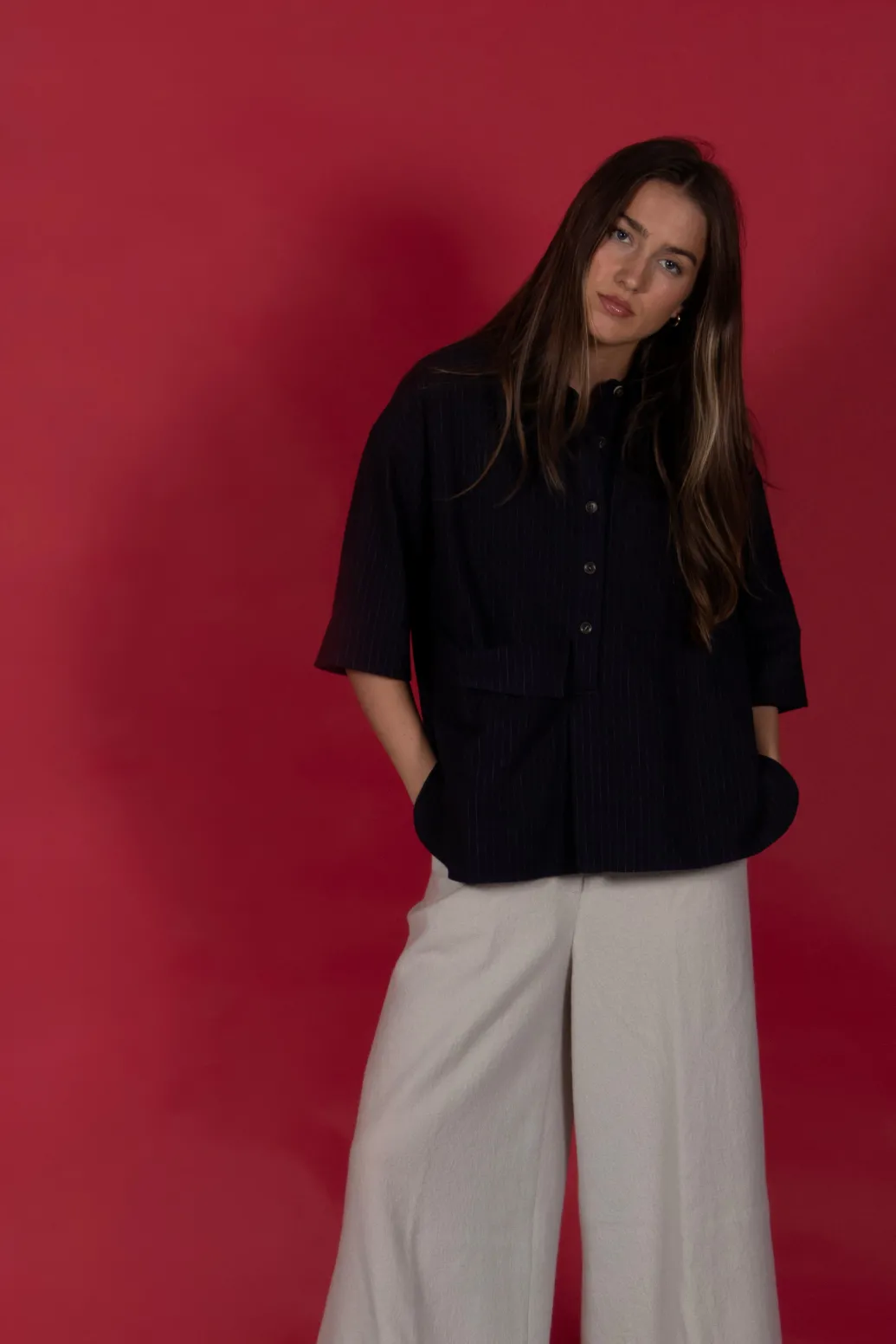 3/4 Sleeved Shirt with Statement Pocket in Navy Stripe