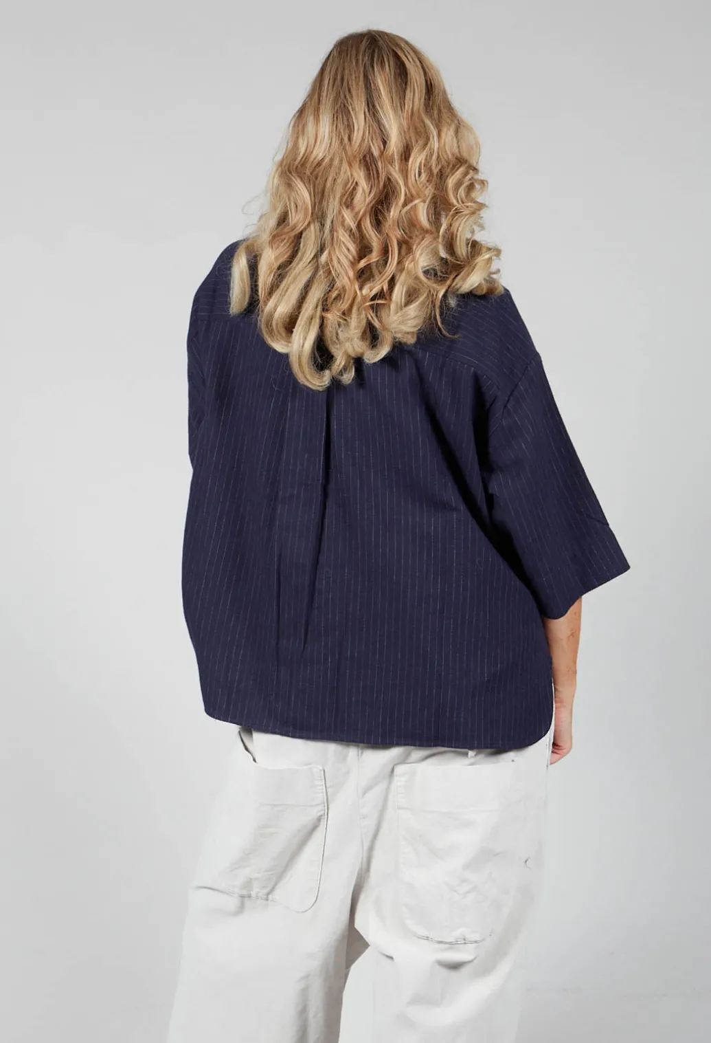 3/4 Sleeved Shirt with Statement Pocket in Navy Stripe