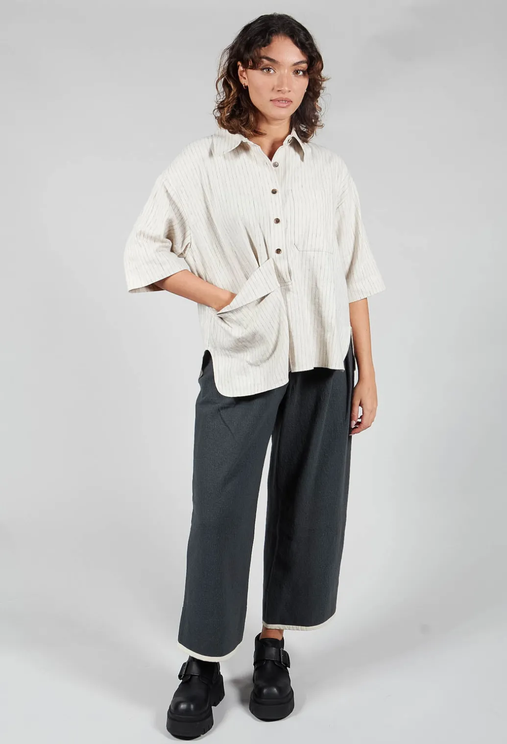 3/4 Sleeved Shirt with Statement Pocket in Ivory Stripe