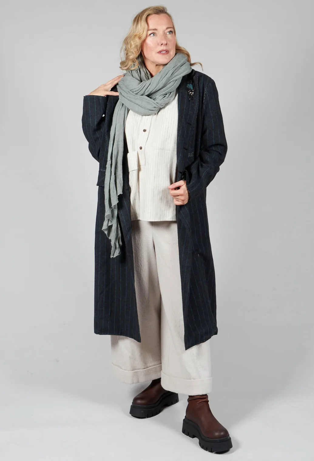 3/4 Sleeved Shirt with Statement Pocket in Ivory Stripe