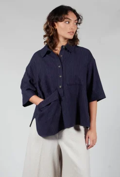 3/4 Sleeved Shirt with Statement Pocket in Navy Stripe