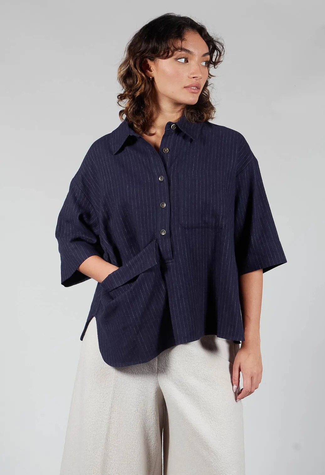 3/4 Sleeved Shirt with Statement Pocket in Navy Stripe
