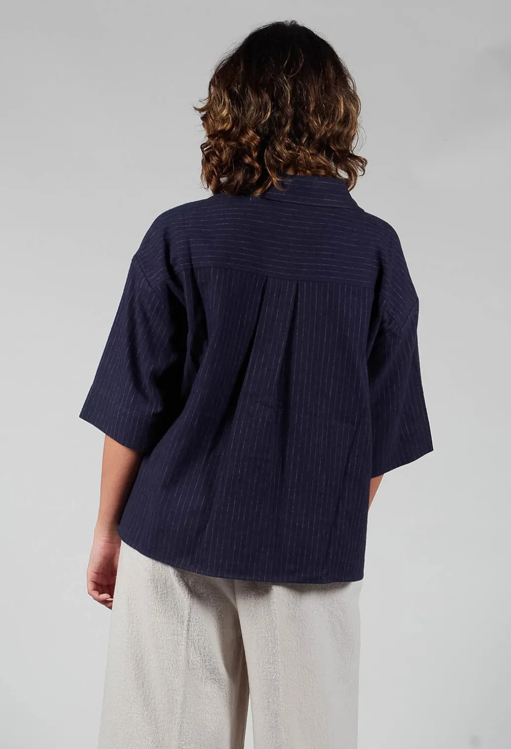 3/4 Sleeved Shirt with Statement Pocket in Navy Stripe