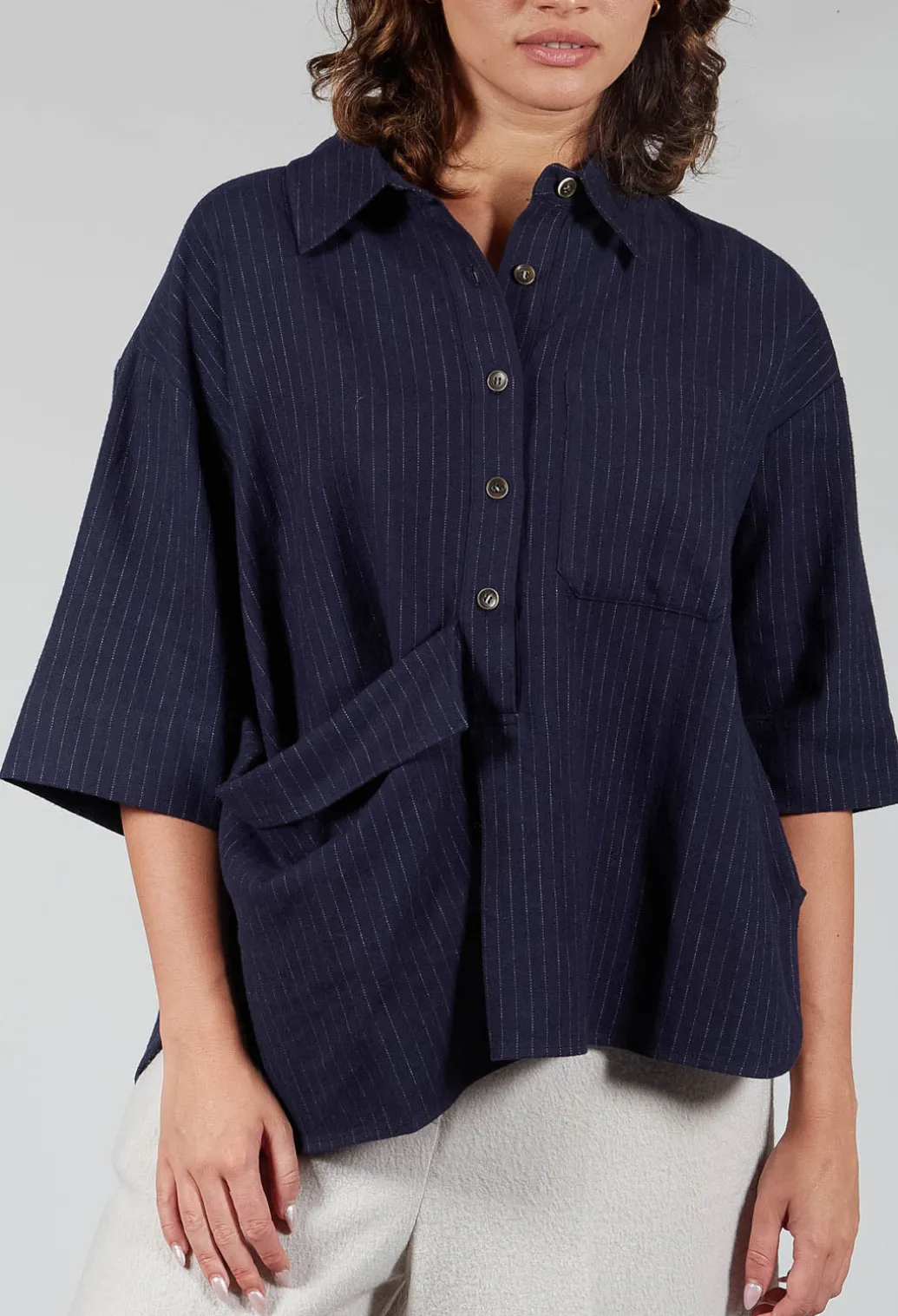 3/4 Sleeved Shirt with Statement Pocket in Navy Stripe