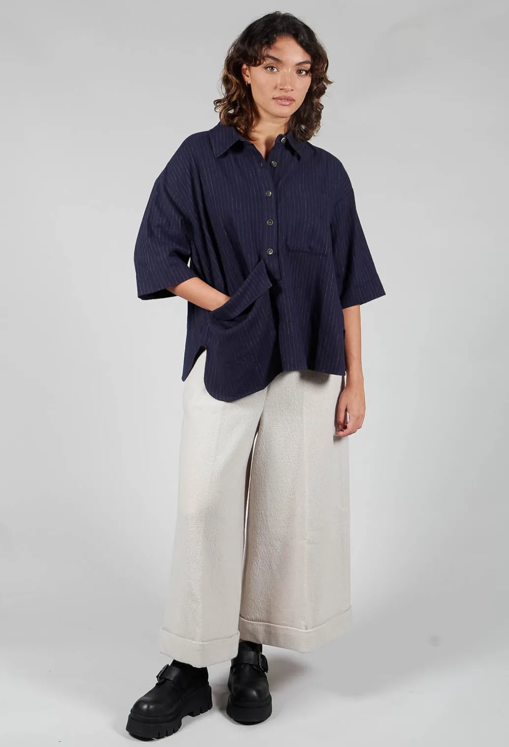3/4 Sleeved Shirt with Statement Pocket in Navy Stripe