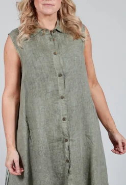 Sleeveless Dress in Lino and Tinto Freddo Olive