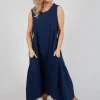 Sleeveless Dress with Mesh Edging in Navy