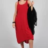 Sleeveless Jersey Dress with Asymmetric Hem in Chili