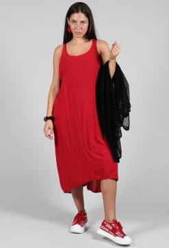 Sleeveless Jersey Dress with Asymmetric Hem in Chili