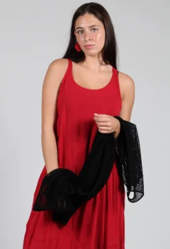 Sleeveless Jersey Dress with Asymmetric Hem in Chili