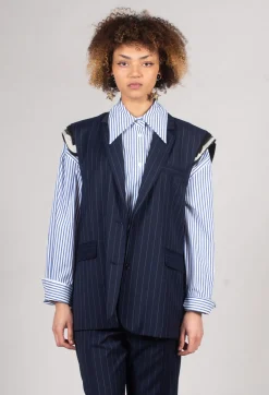 Sleeveless Pinstripe Jacket in Gessato Blue Nights