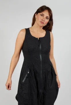 Sleeveless Zip Through Dress in Black Shiny Print