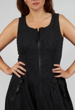 Sleeveless Zip Through Dress in Black Shiny Print