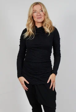 Slim Roll Neck Crinkle Top in Black
