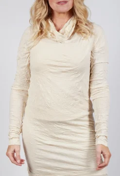 Slim Roll Neck Crinkle Top in Bone