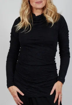 Slim Roll Neck Crinkle Top in Black