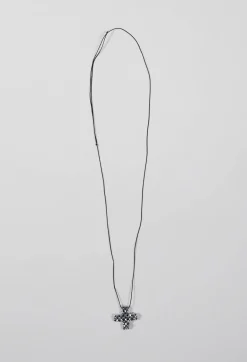 Small Beaded Cross Necklace in Silver