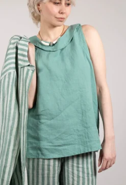 Stitch Detail Linen Vest Top in Teal