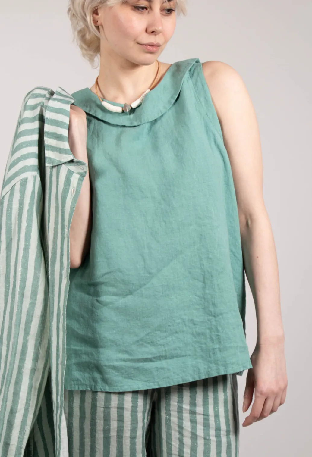 Stitch Detail Linen Vest Top in Teal