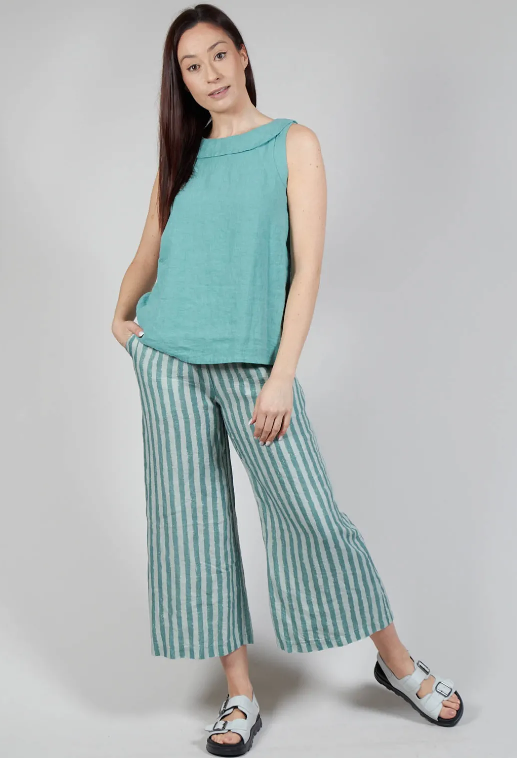Stitch Detail Linen Vest Top in Teal